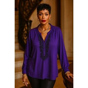 St Johns Bay Womens Long Sleeve Blouse Purple Black Embroidered Large Artsy Work